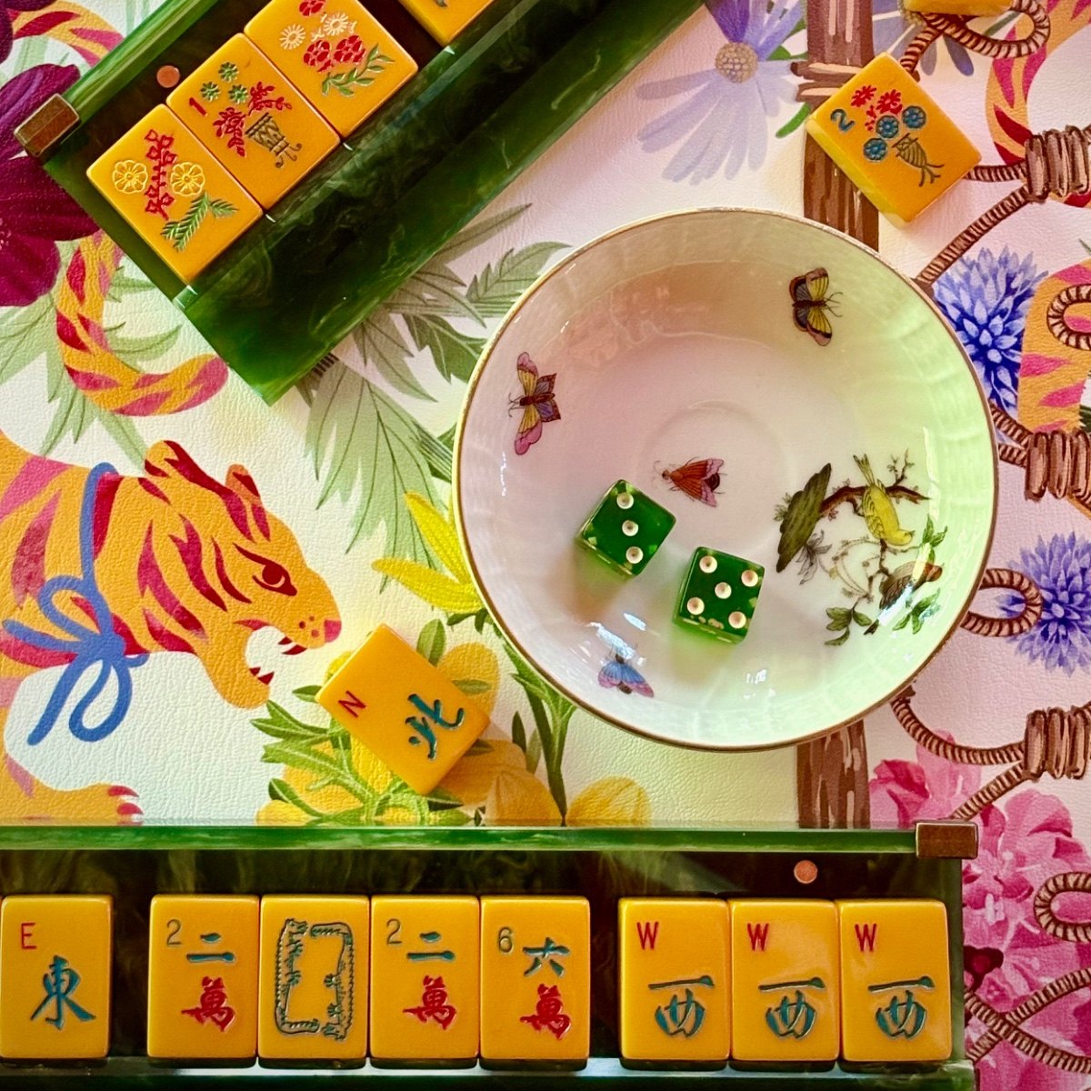 Tiles are vintage Crisloid Royal Gold. Dice and dish are also vintage.