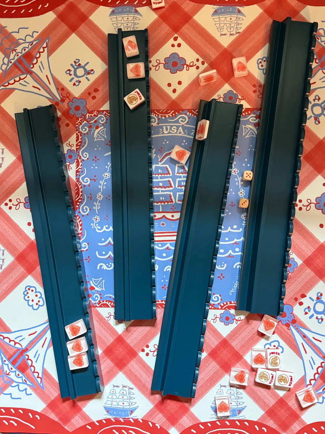 Marine Blue Beech Wood Scalloped Mahjong Racks (w/ Pushers & Storage Bag)