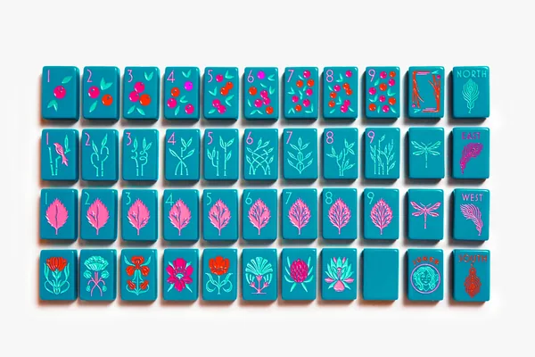 The Botanical Line: Deep Teal Mahjong Tiles