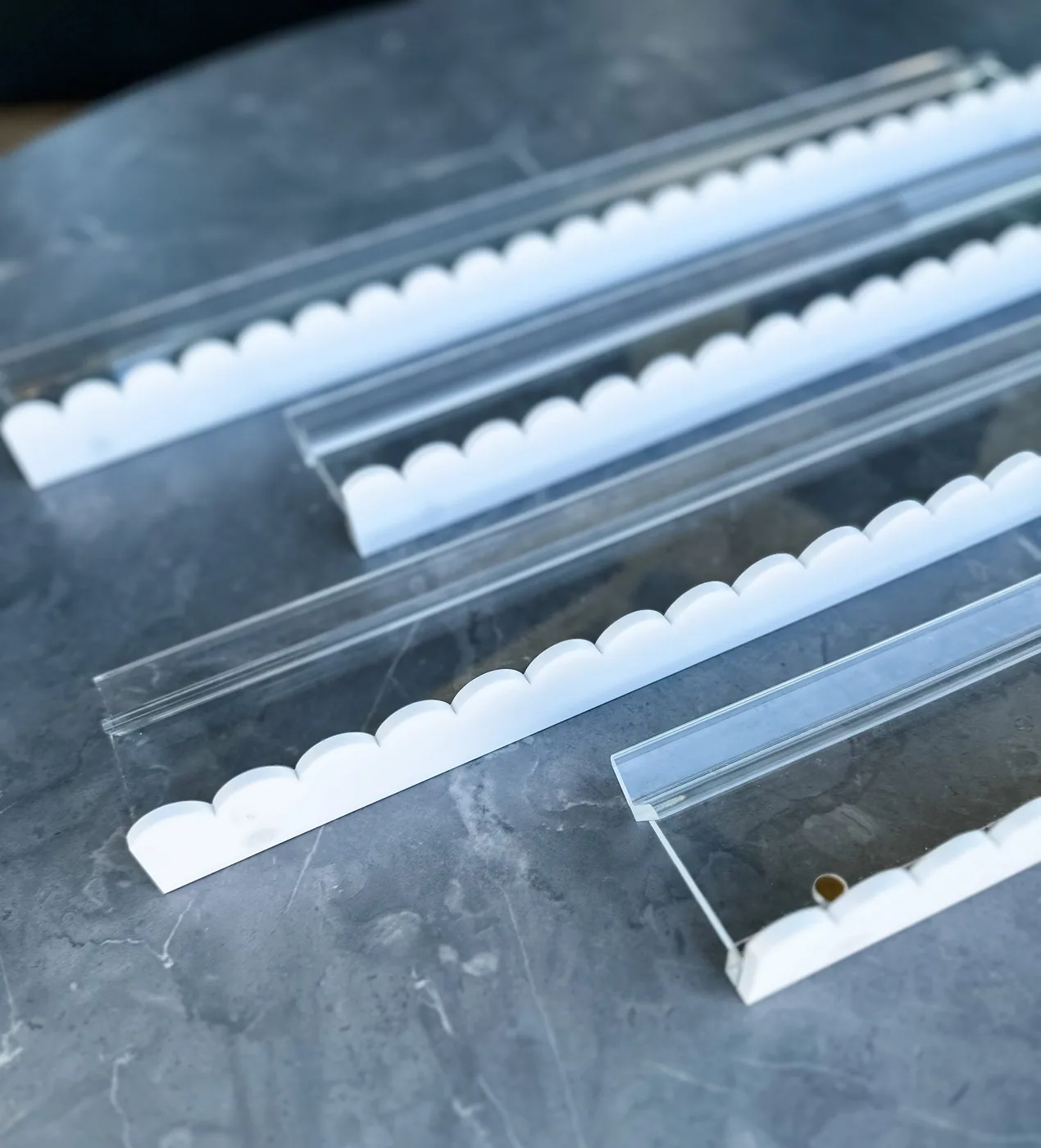 Scalloped White and Clear Acrylic Rack and Pusher Set of 4