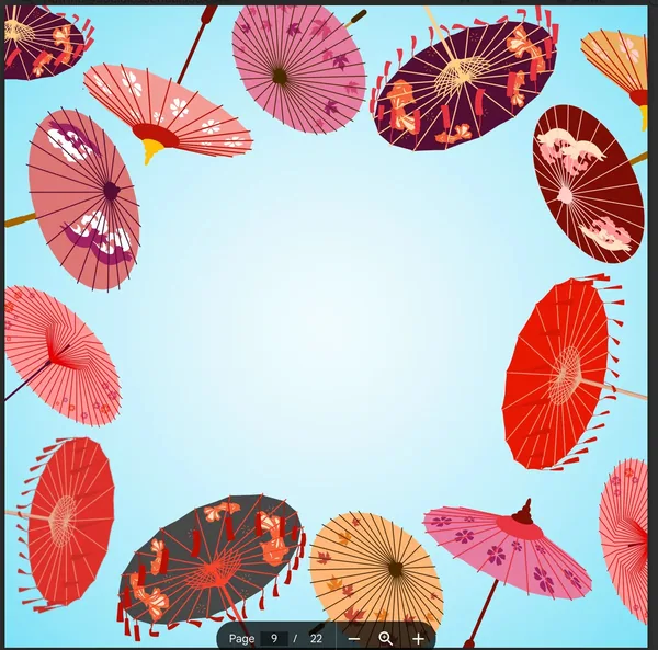 Pale Blue Mat with Red, Pink & Blue Chinese Umbrellas