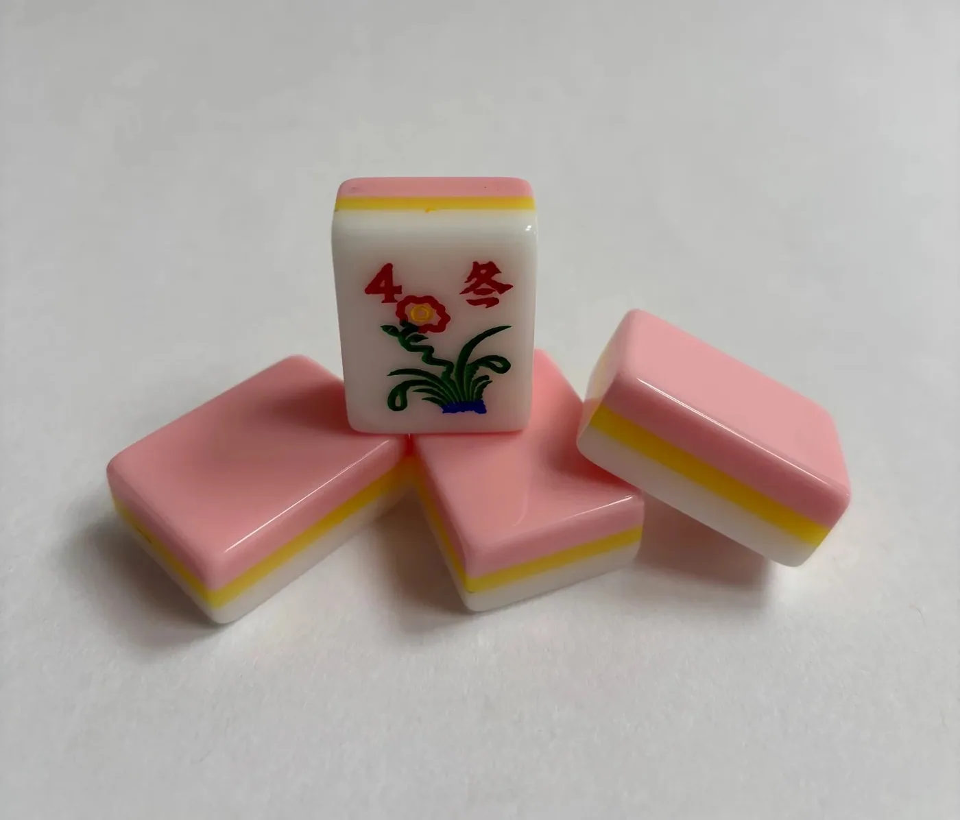 3 Layer Pink/Yellow/White American Mah Jongg set. Engraved and Hand Painted