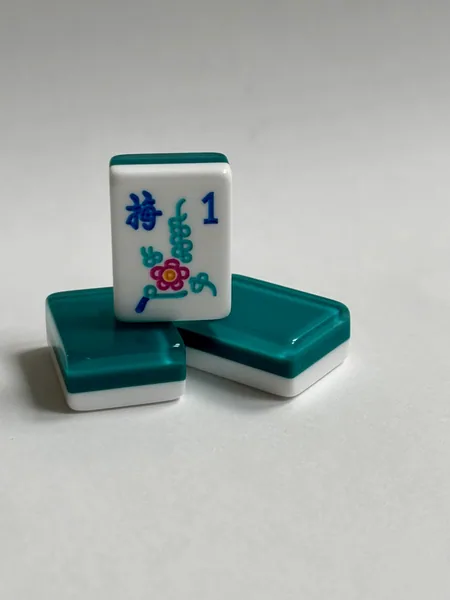 3 Layer Teal Green Engraved and Hand Painted American Mah Jongg tile set with Turquoise, Pink, Blue Ink