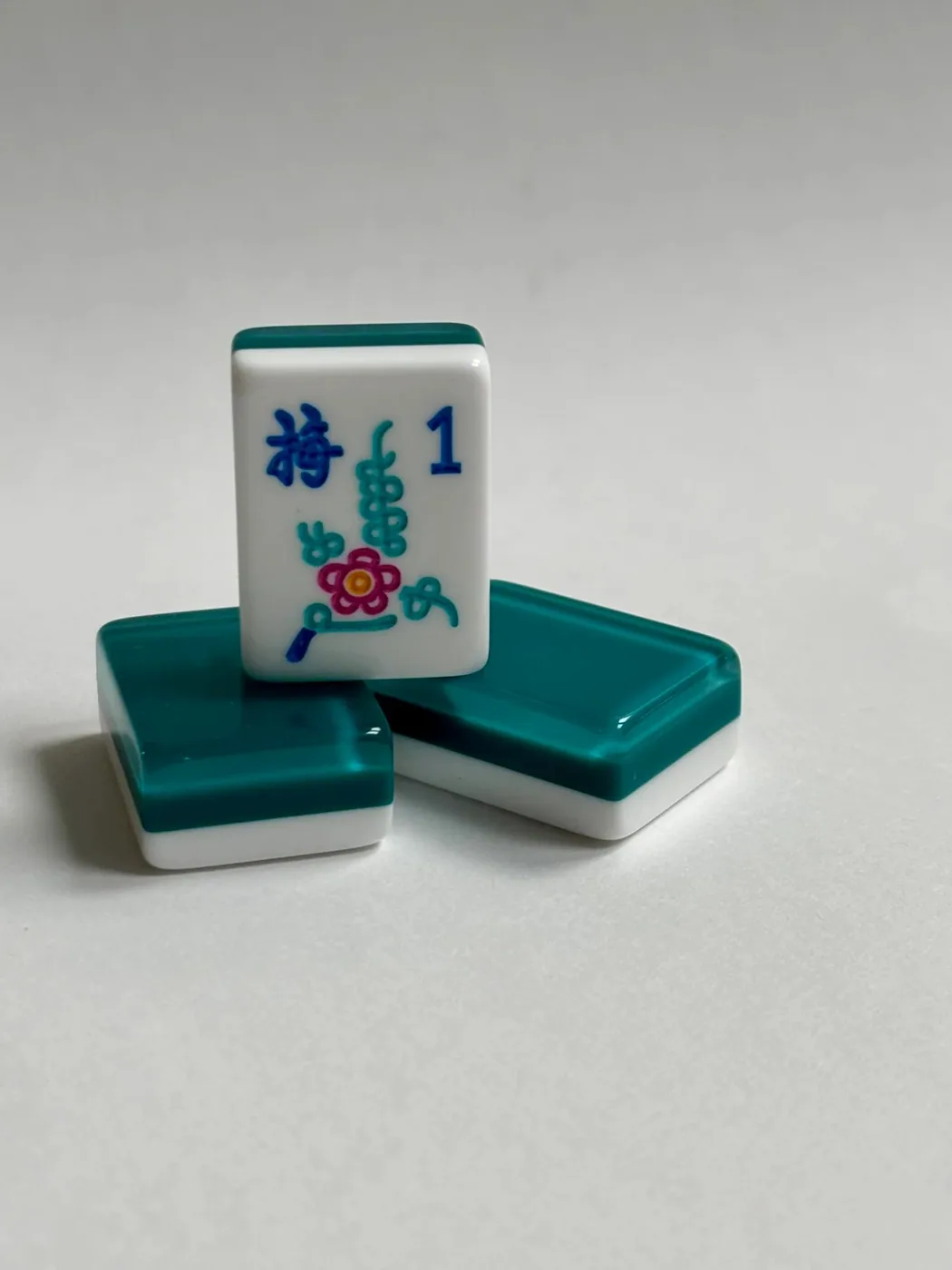 3 Layer Teal Green Engraved and Hand Painted American Mah Jongg tile set with Turquoise, Pink, Blue Ink