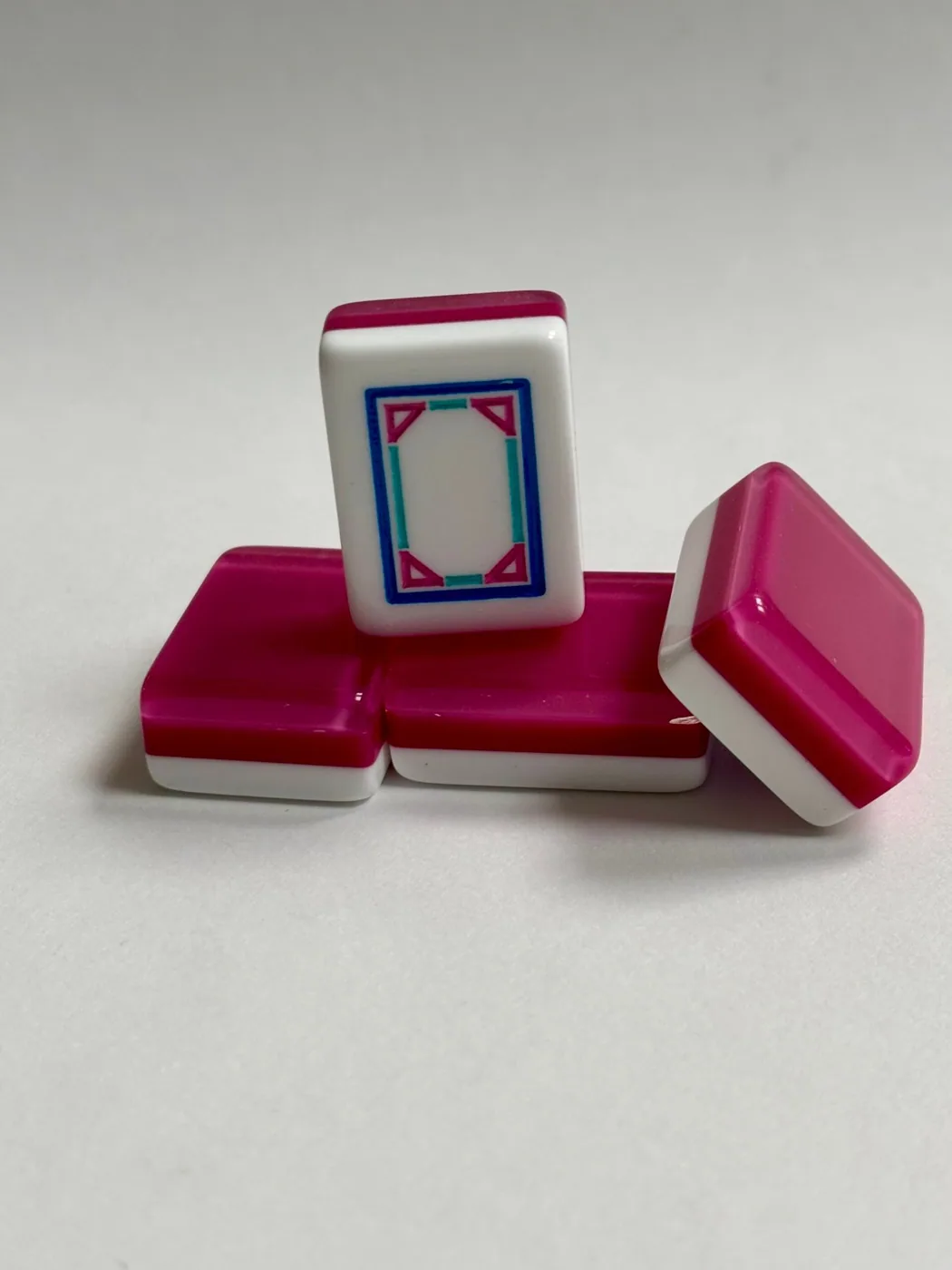 3 Layer Cranberry PInk Engraved & Hand Painted American Mah Jongg set with Turquoise, Pink, Blue Ink