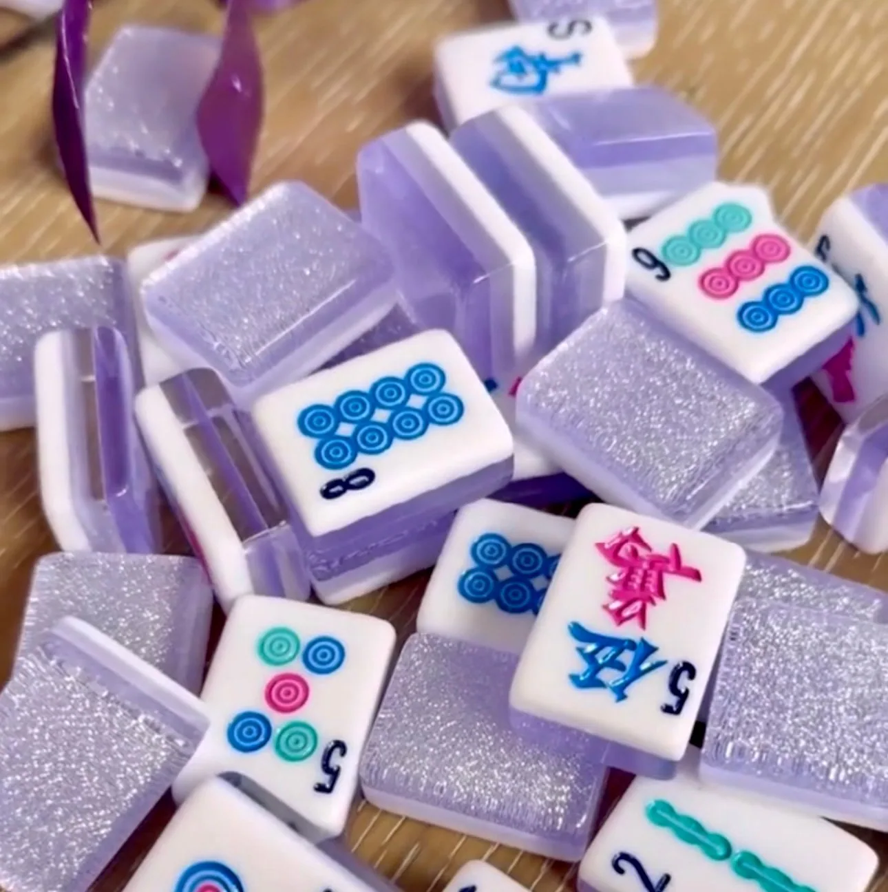 3 Layer Lilac Sparkle Mahjong tiles with light jewel tone ink