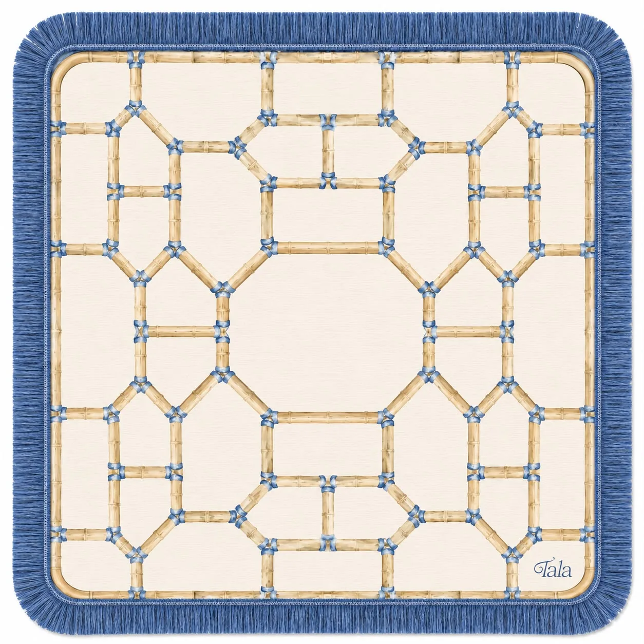 The Pavilion Mahjong Mat – Bamboo Neutral with Blue Fringe