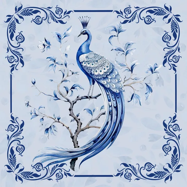 Blue Peacock on a Branch Mahjong Mat