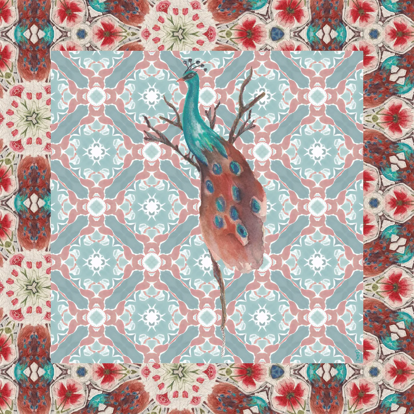 Peacock on a Branch Artist Collab Neoprene Mat
