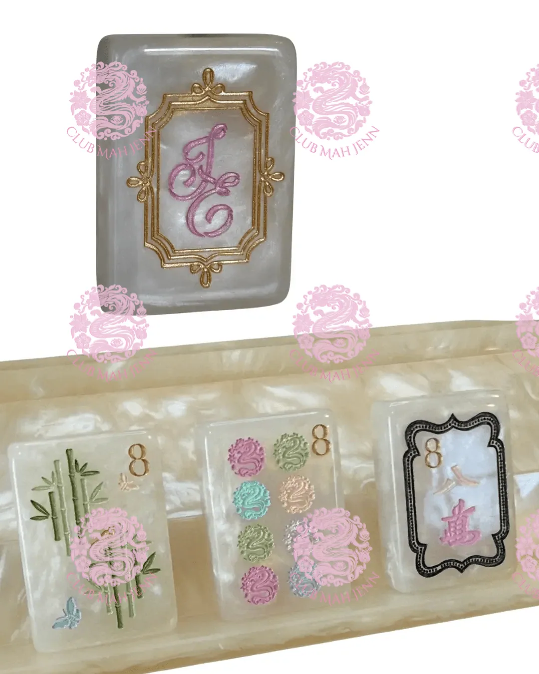 CUSTOM Pearl Royale Mother of Pearl Mah Jong Tiles - Miss Poochie - PRE-ORDER 6 MONTH ESTIMATED PRODUCTION TIME ©2023 Club Mah Jenn
