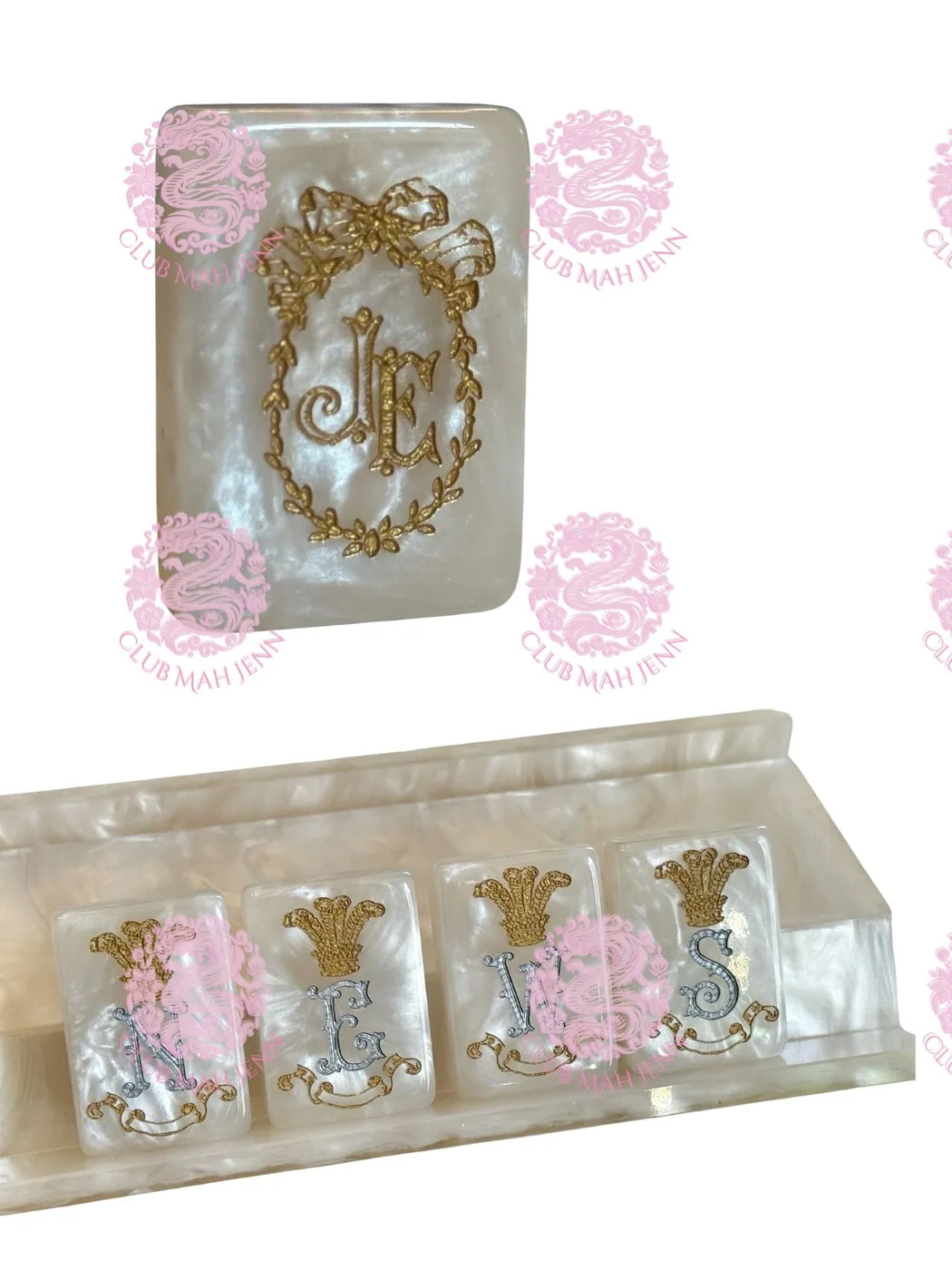 Custom Monogram D'or White Mother of Pearl Mah Jong Tiles - Silver & Gold *Trademark Pending