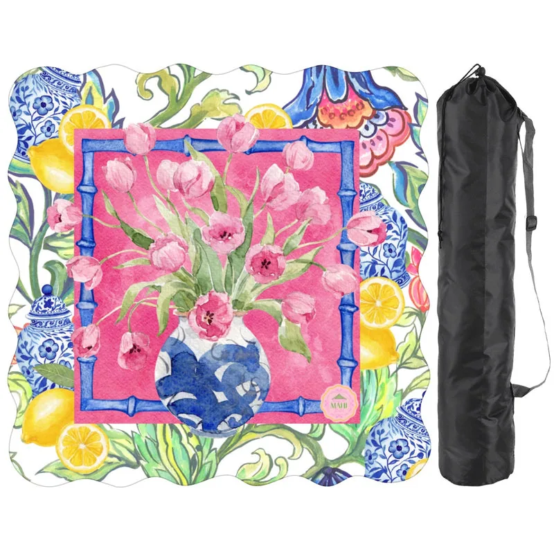 Chinoiserie Bloom Scalloped Mahjong Mat 31.5"x31.5" (Ship Rolled up)