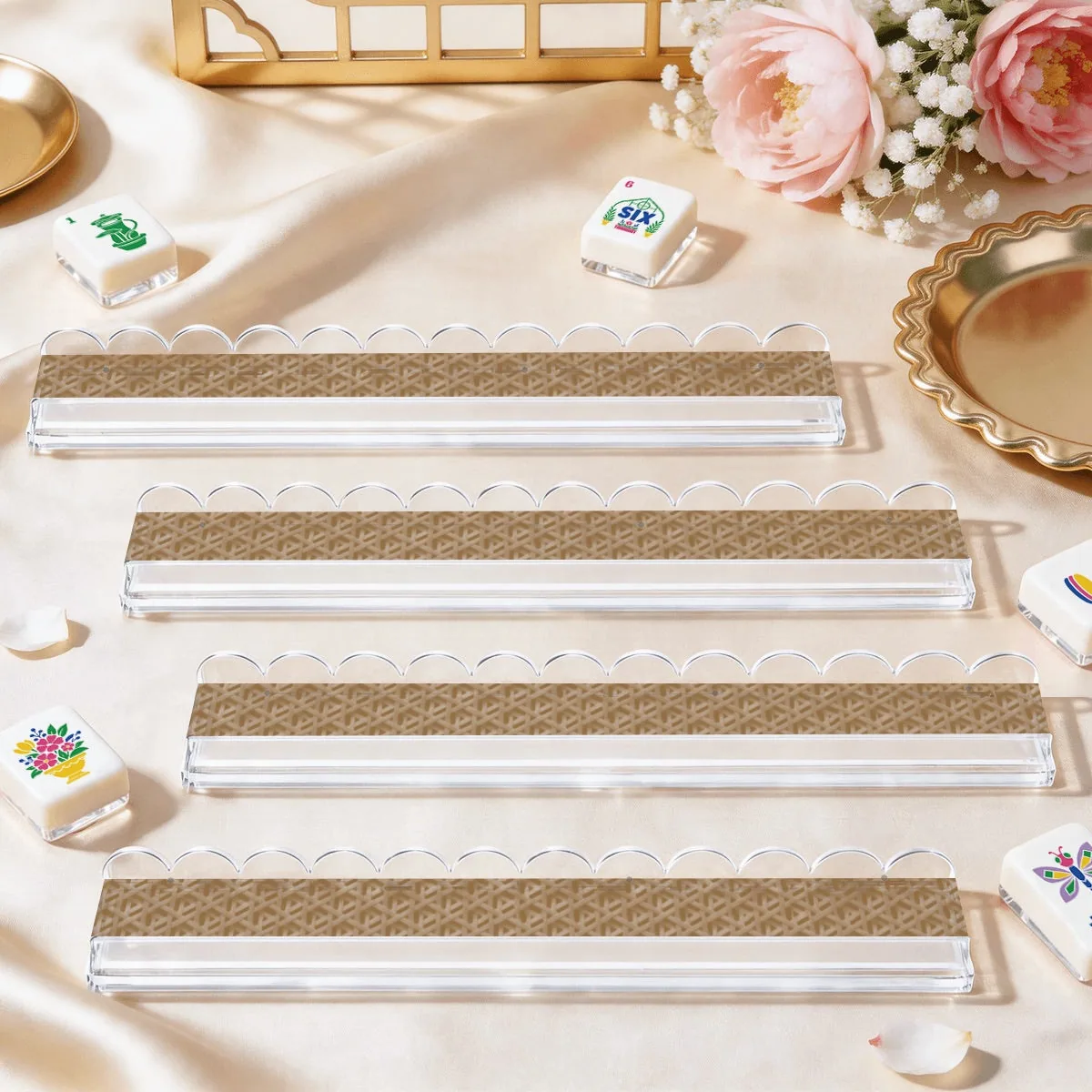 Extended Mahjong Rack Set of 4 Scalloped Magnetic Tile Pusher — Light Rattan