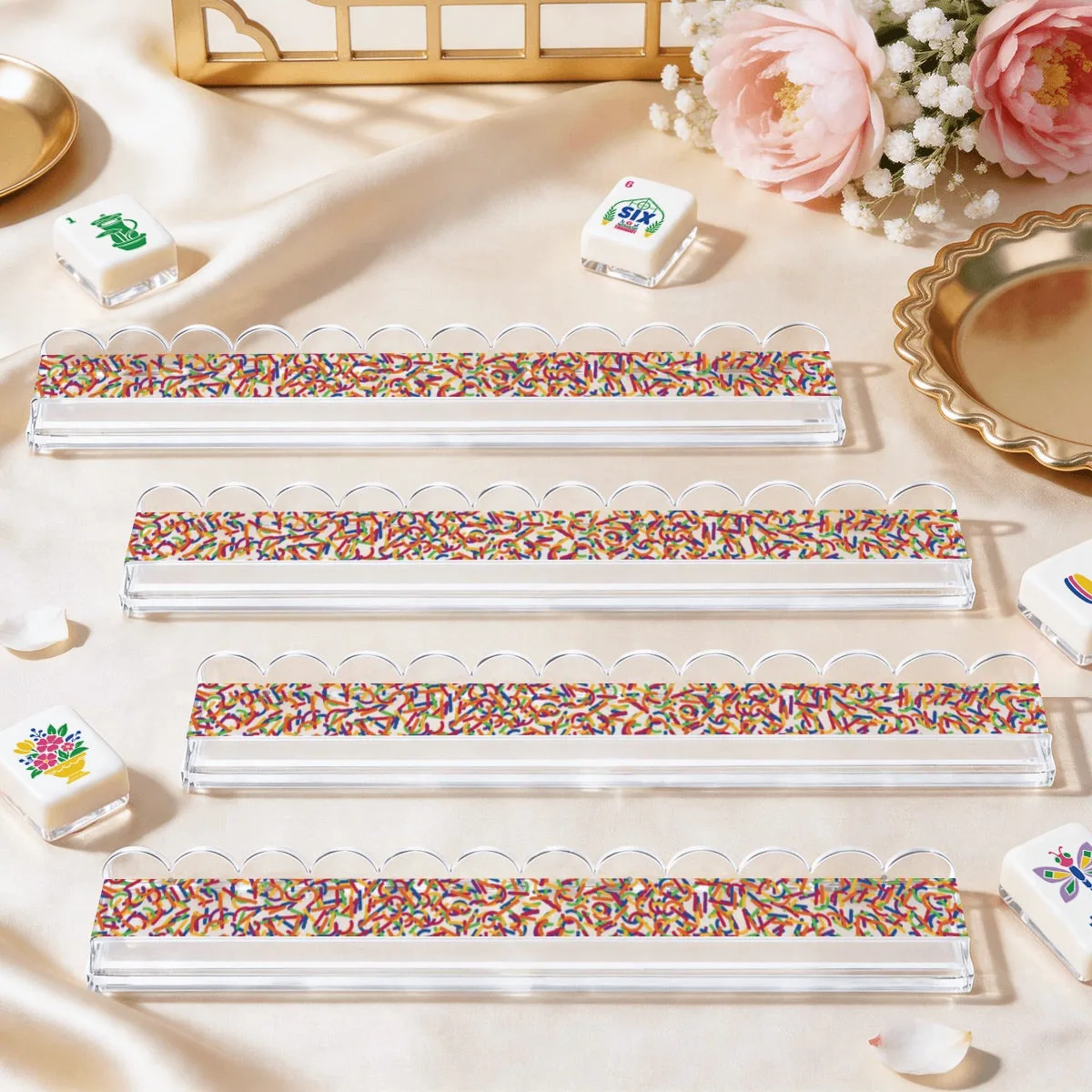 Extended Mahjong Rack Set of 4 Scalloped Magnetic Tile Pusher — Bright Confetti
