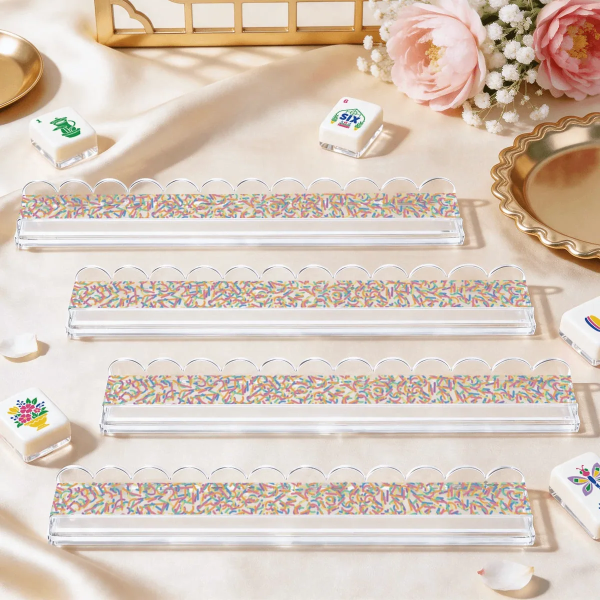 Extended Mahjong Rack Set of 4 Scalloped Magnetic Tile Pusher — Pastel Confetti