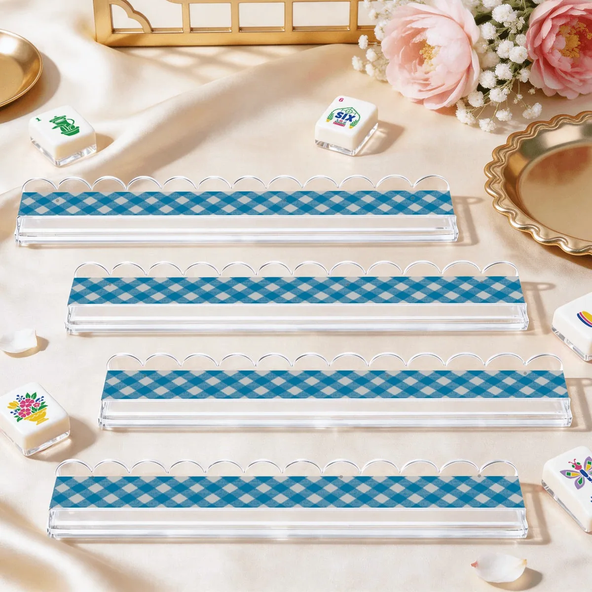 Extended Mahjong Rack Set of 4 Scalloped Magnetic Tile Pusher — Blue White Gingham