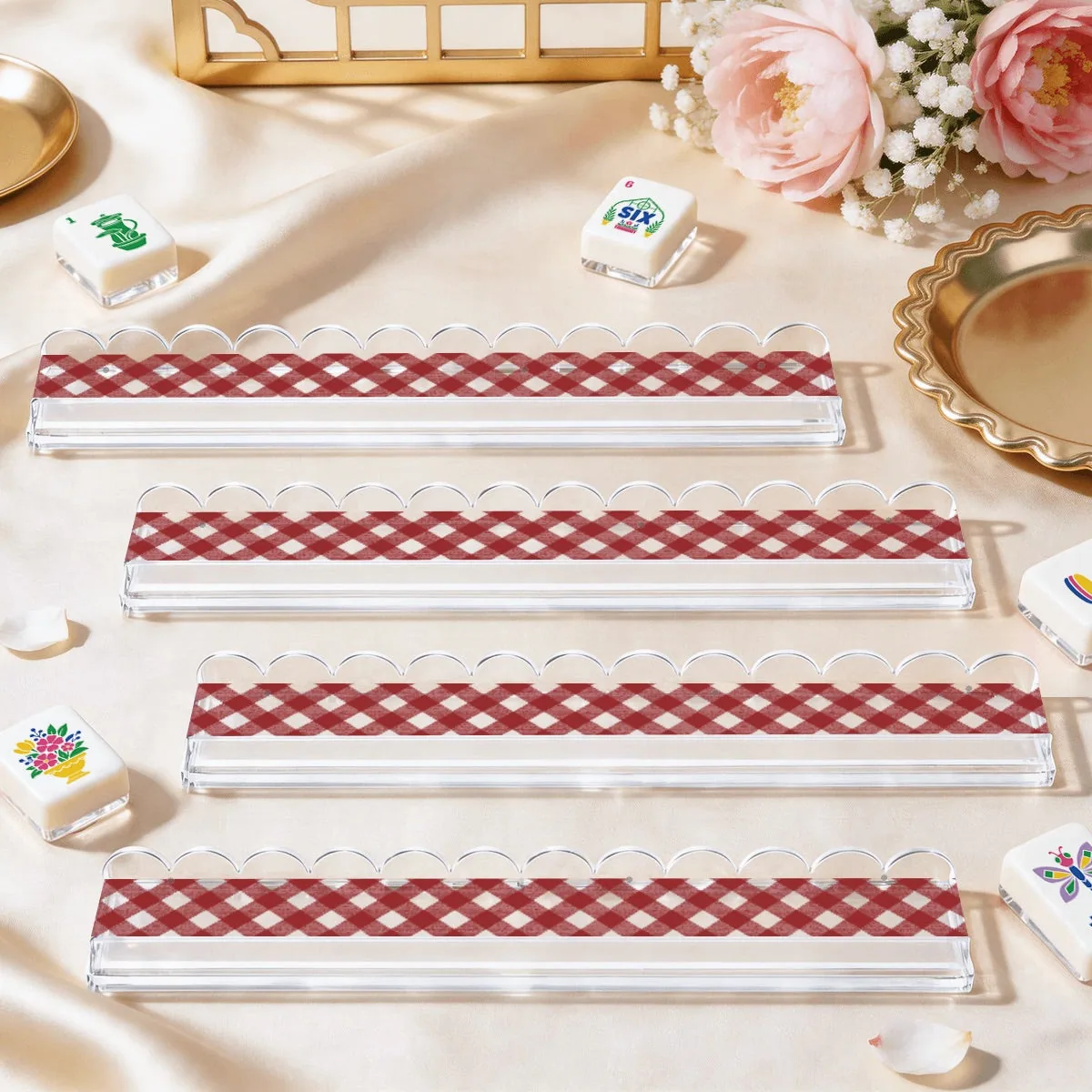 Extended Mahjong Rack Set of 4 Scalloped Magnetic Tile Pusher — Red Transparent Gingham