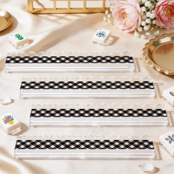 Extended Mahjong Rack Set of 4 Scalloped Magnetic Tile Pusher — Black Transparent Gingham