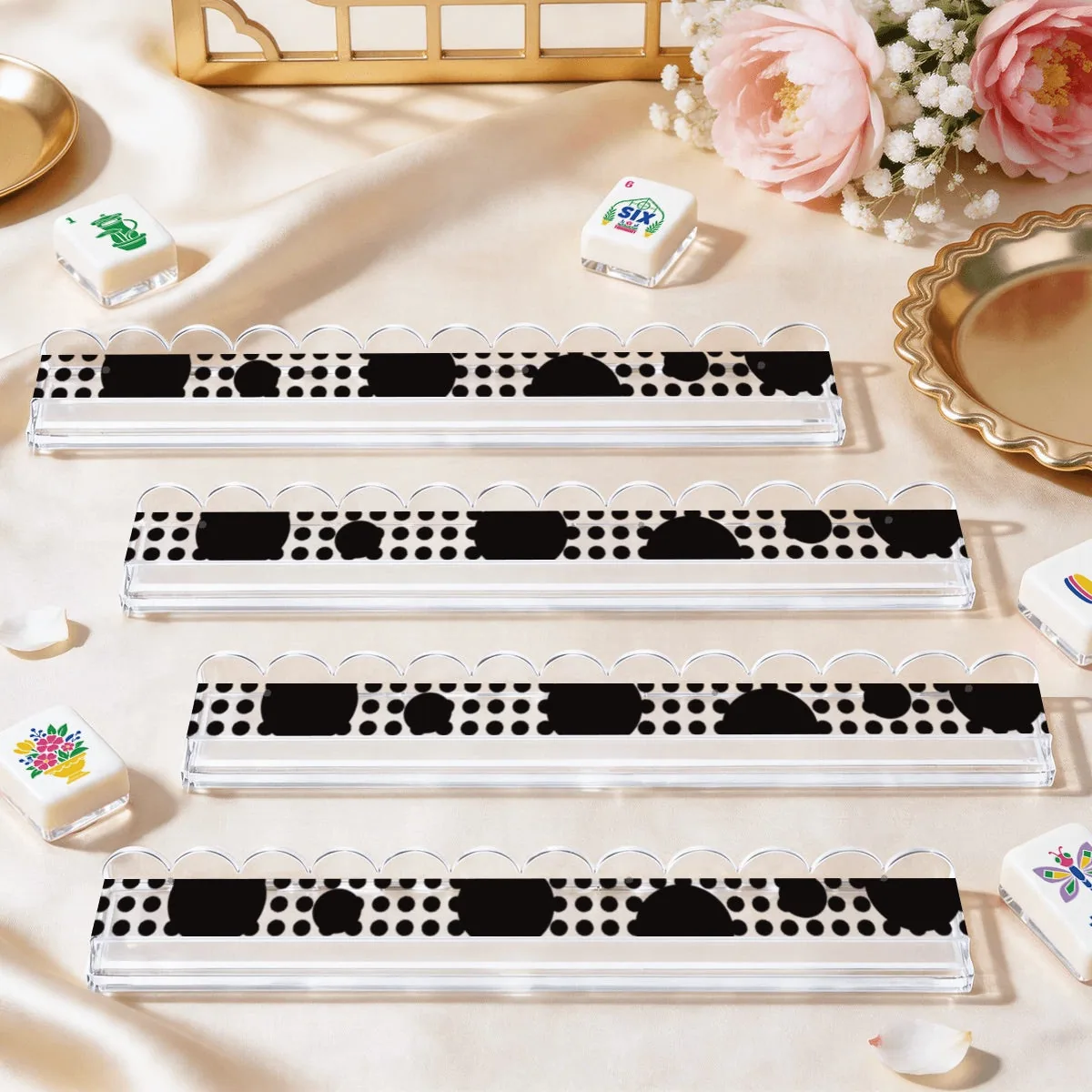 Extended Mahjong Rack Set of 4 Scalloped Magnetic Tile Pusher — Black dot
