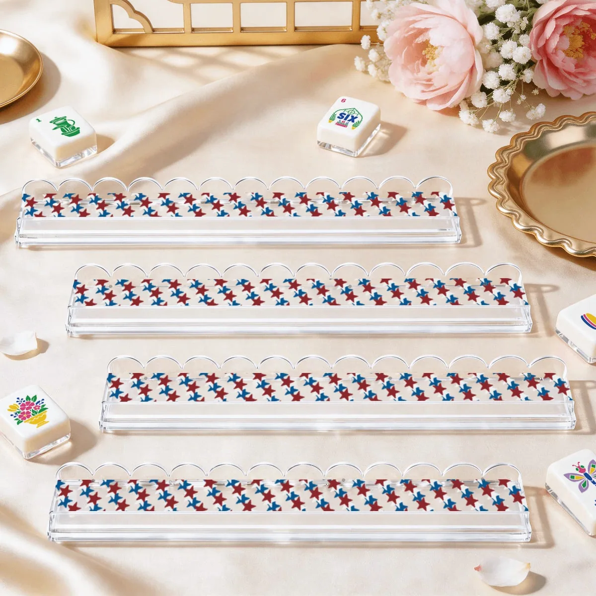 Extended Mahjong Rack Set of 4 Scalloped Magnetic Tile Pusher — Red White Blue Star