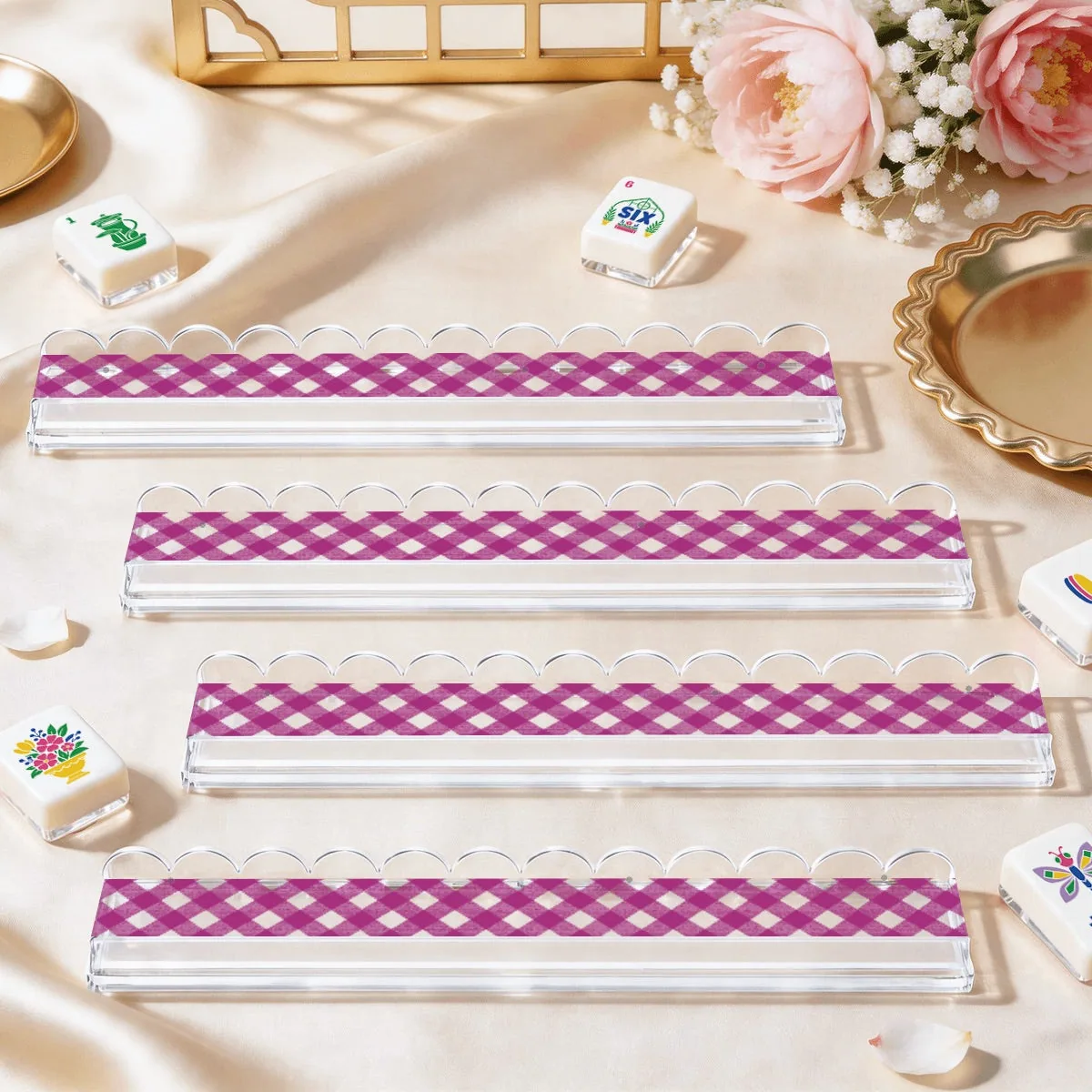 Extended Mahjong Rack Set of 4 Scalloped Magnetic Tile Pusher — Hot pink transparent gingham