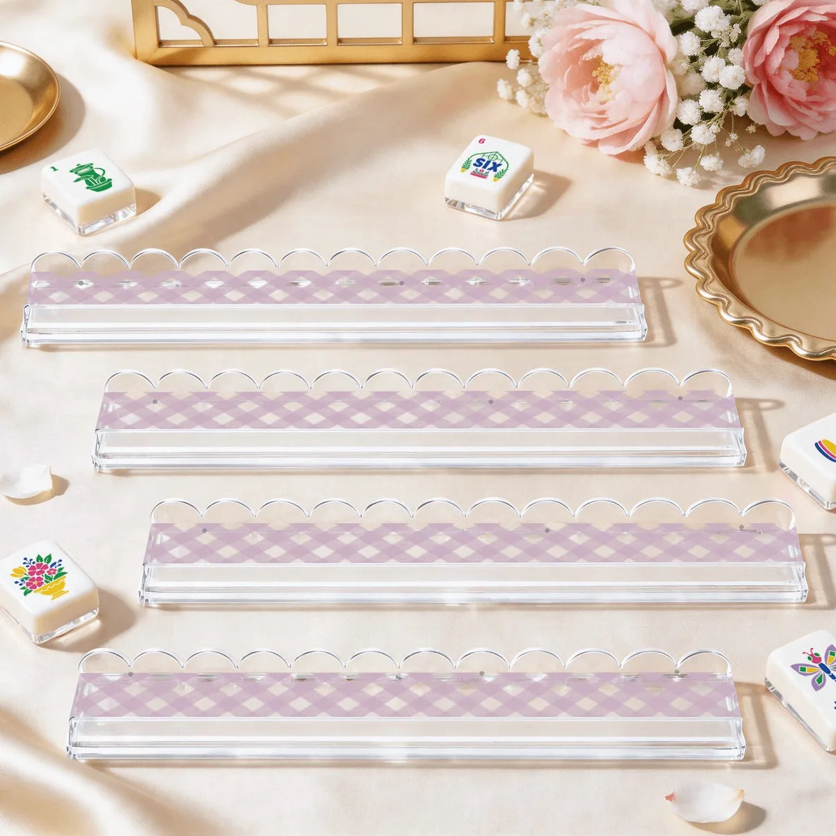 Extended Mahjong Rack Set of 4 Scalloped Magnetic Tile Pusher — Light pink transparent gingham