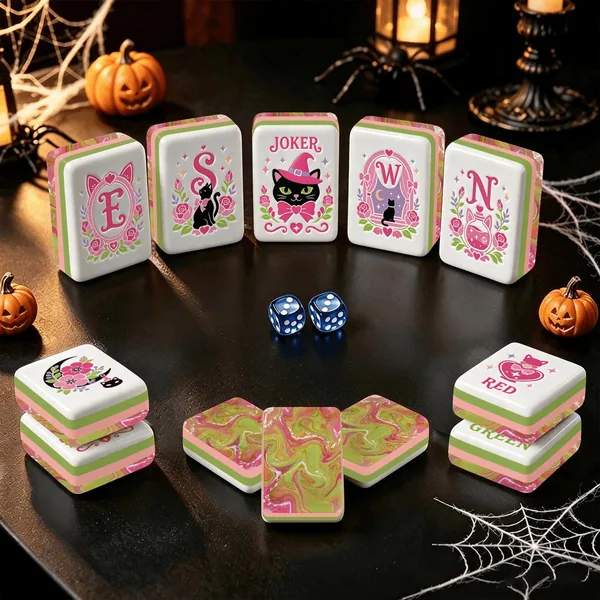 Witch's Familiar Halloween Mahjong Tiles Pink & Green abstract