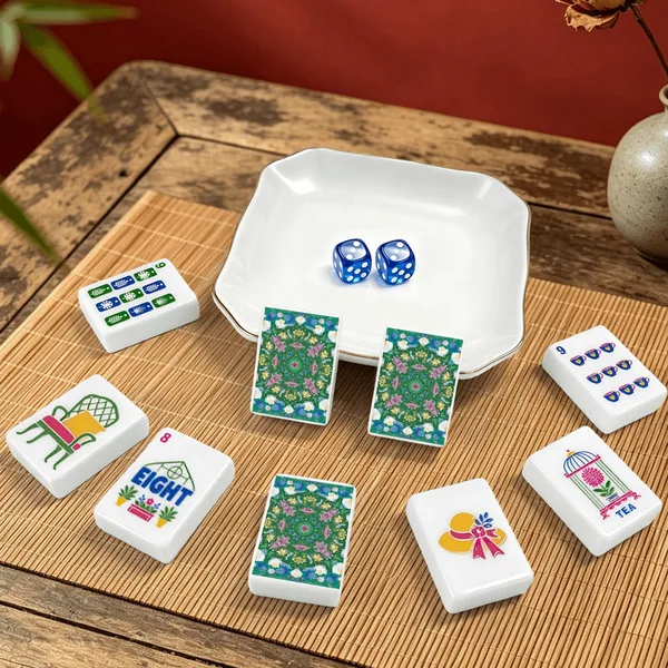 Green Mahjong Tiles Set (Floral Garden Style) (Single Layer)