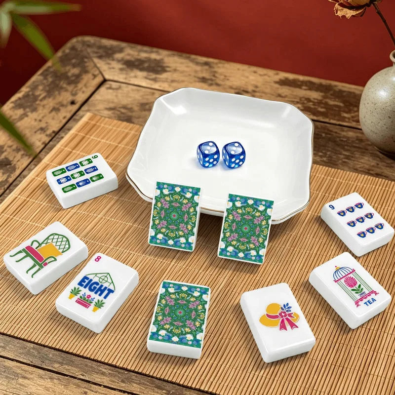 Green Mahjong Tiles Set (Floral Garden Style) (Single Layer)