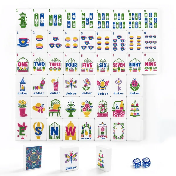 Bright blue Mahjong Tiles Set (Floral Garden Style) (Single Layer)