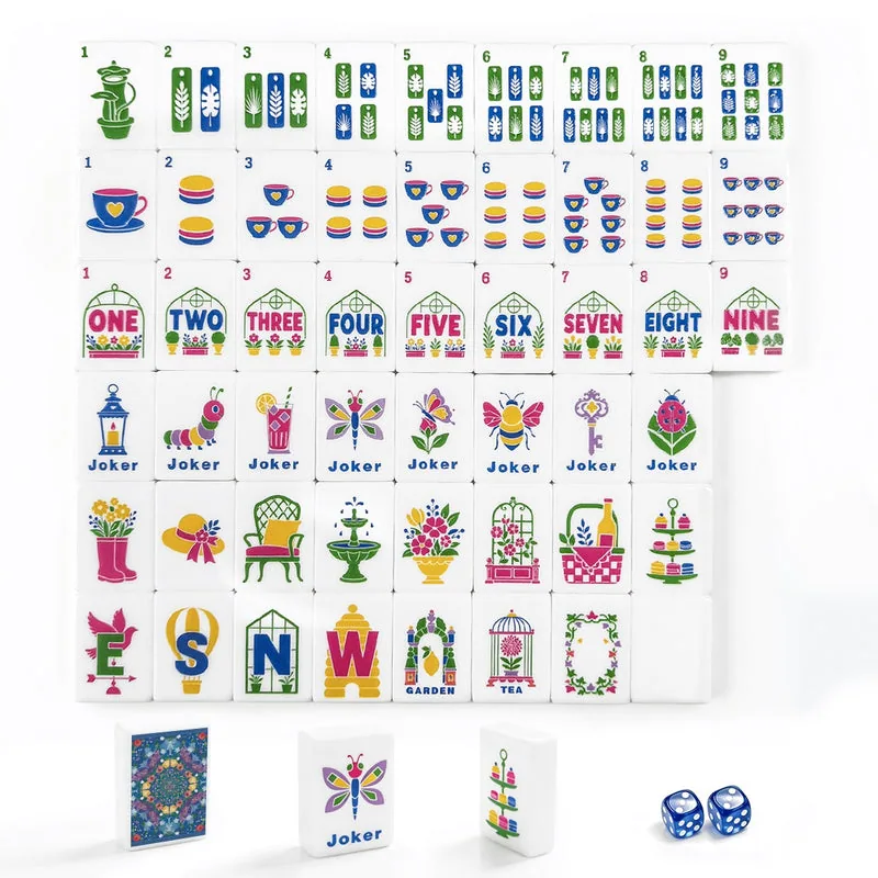 Bright blue Mahjong Tiles Set (Floral Garden Style) (Single Layer)