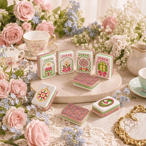 Scandi Folk Art Christmas Mahjong Tiles Pink Neon pagodas and birds