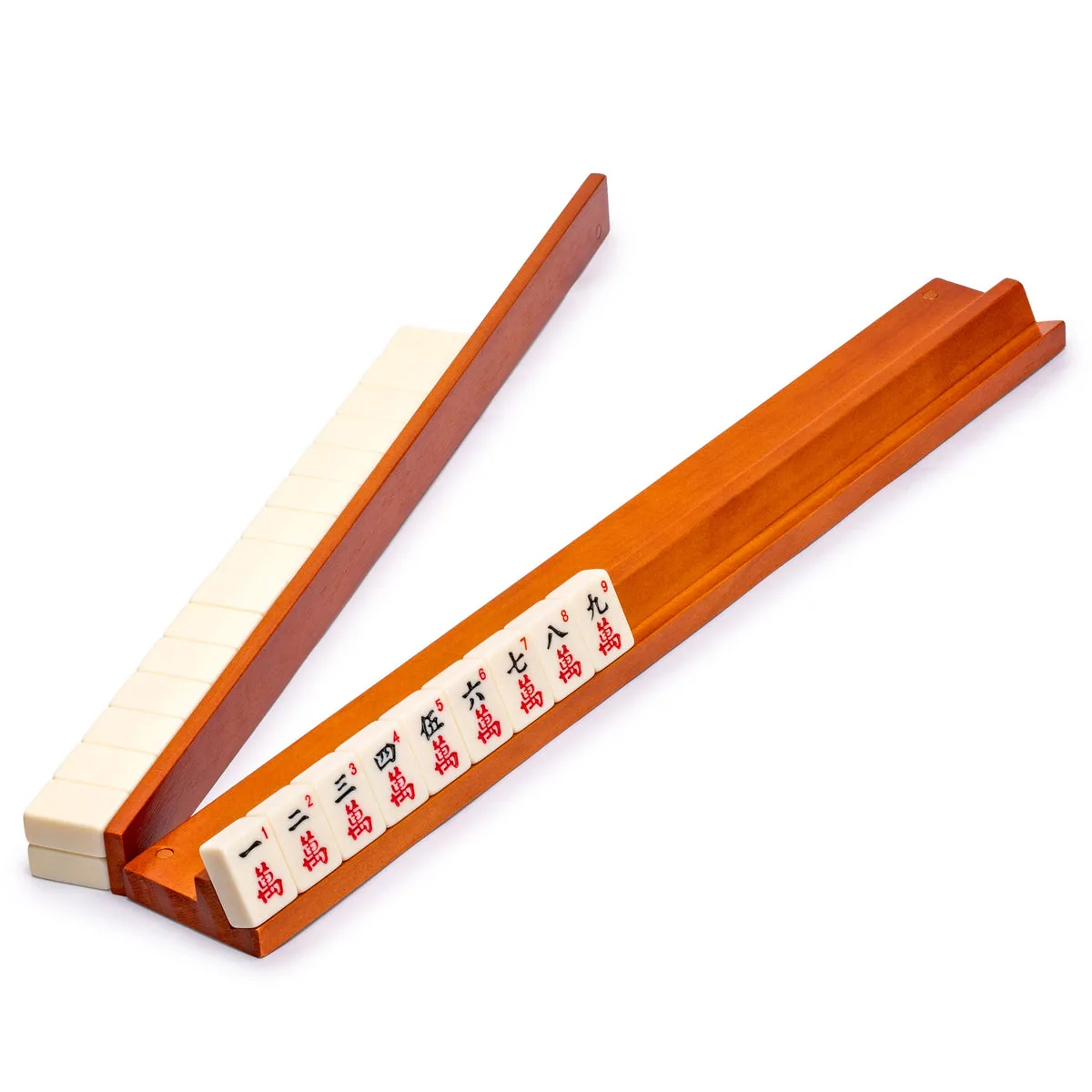 18-Inch Dark Pine Wooden Mahjong Game Racks with Built-in Pushers - Set of 4