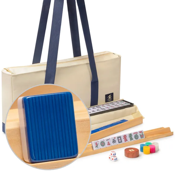 American Mahjong Set, "Harbor Tide" with Beige and Blue Canvas Tote Bag