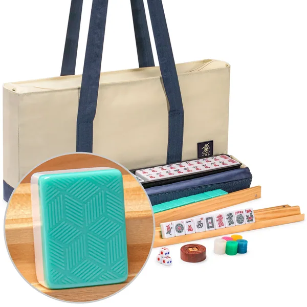 American Mahjong Set, "Harbor Mint" with Beige and Blue Canvas Tote Bag