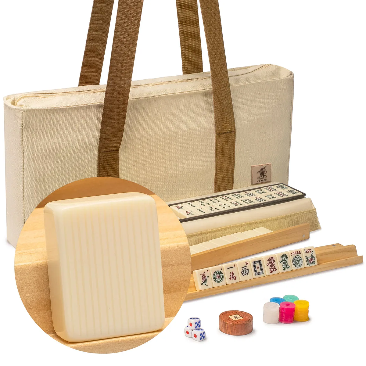 American Mahjong Set, "Ivory Stripes" with Beige Soft Case