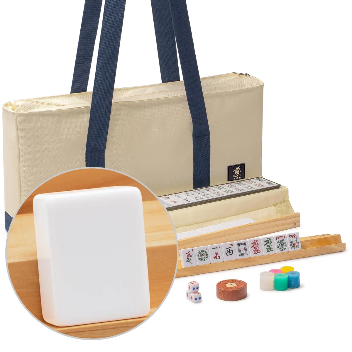 American Mahjong Set, "Harbor Snow" with Beige and Blue Canvas Tote Bag