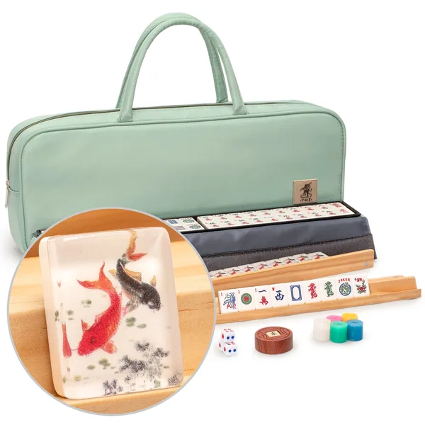 American Mahjong Set, "Celadon Koi" with Mint Green Fabric Case