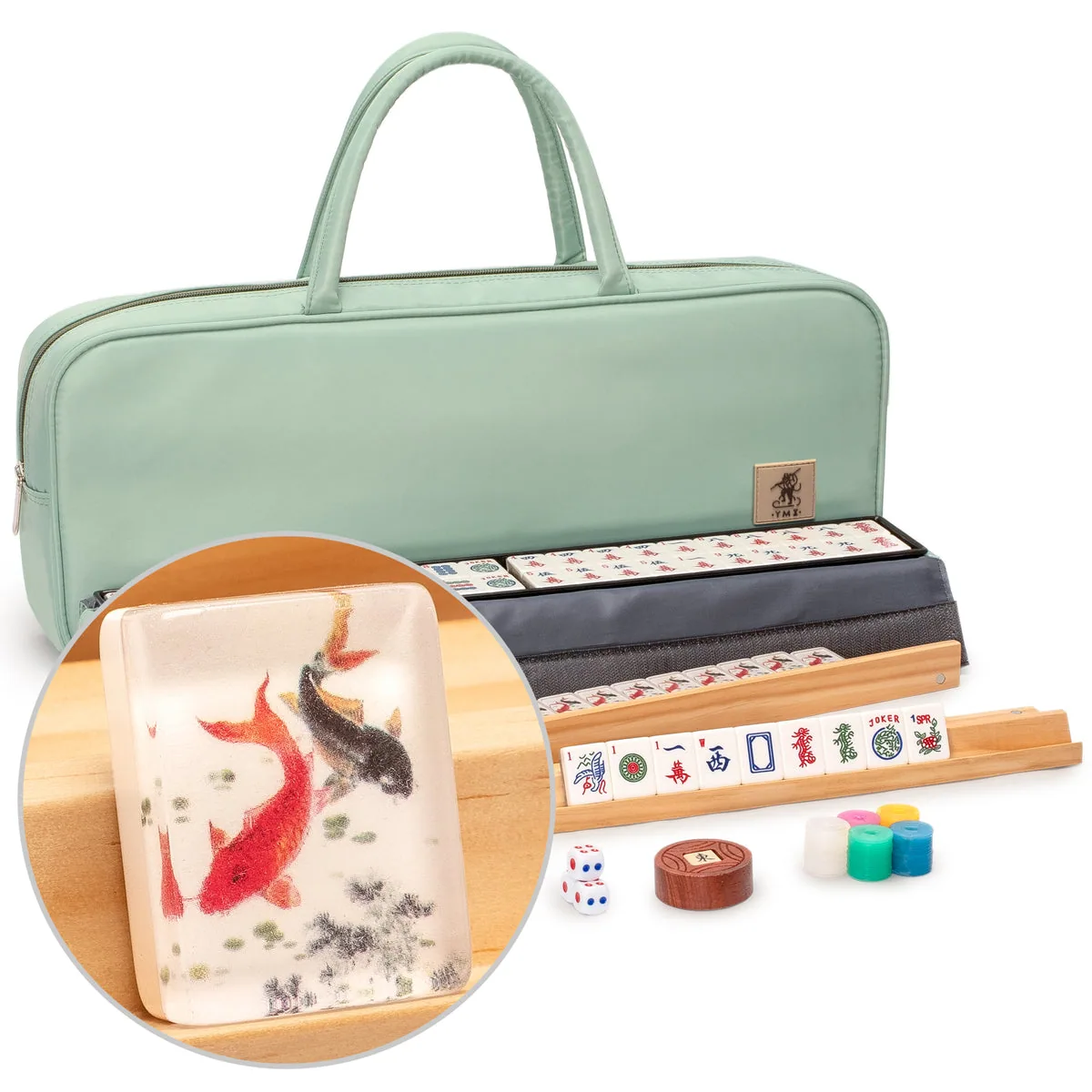 American Mahjong Set, "Celadon Koi" with Mint Green Fabric Case