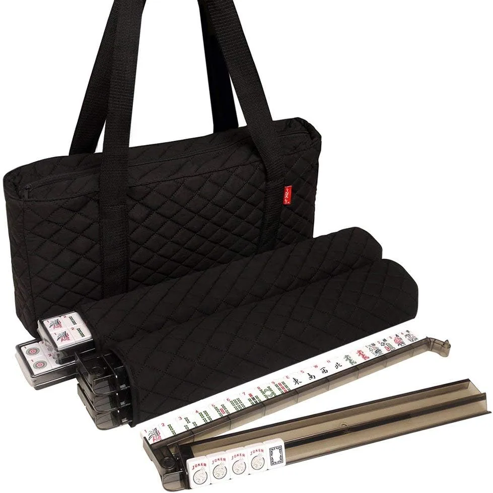 American Mah Jongg Set — Black Quilted Soft Bag (166 White Engraved Tiles, 4 All-in-One Rack/Pushers)