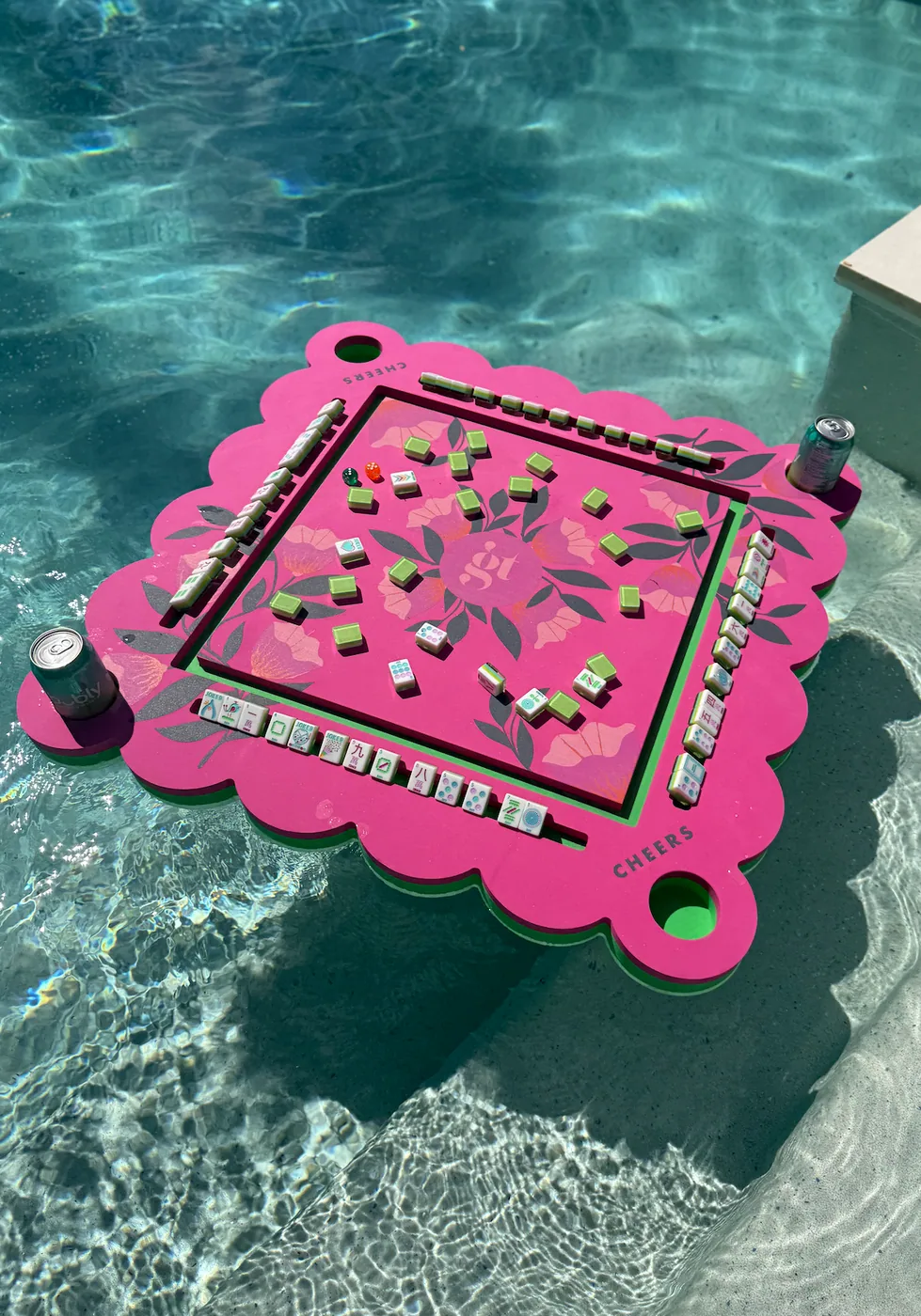 Floating Mahjong Tile Mat in Neon Floral Pink