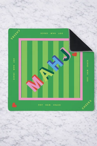 Mahjong Tile Mat in MAHJ Block in Green and Pink 33"x33"