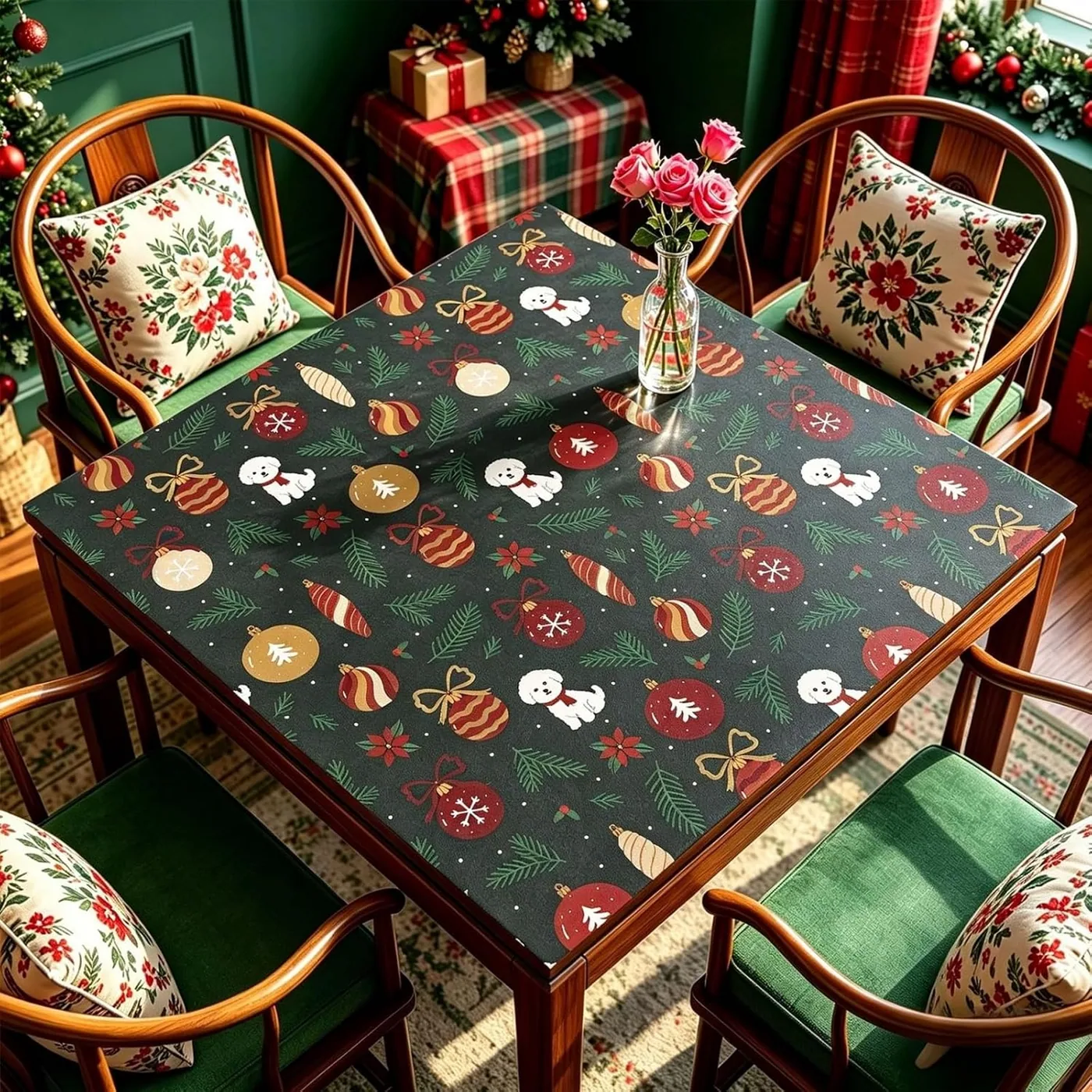 Hixingo — Mahjong Mat for Table 31.5x31.5, Christmas Print (Pine Needles)