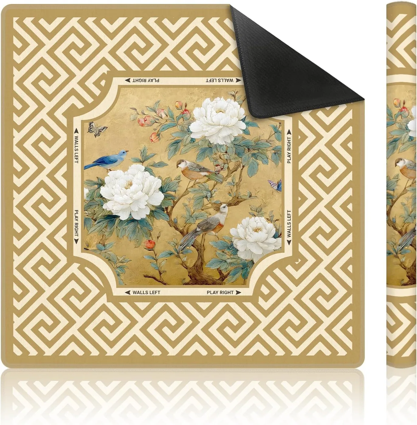 PQKIY — Yellow Chinoiserie Floral Bird Mahjong Mat 31.5 x 31.5 Inch