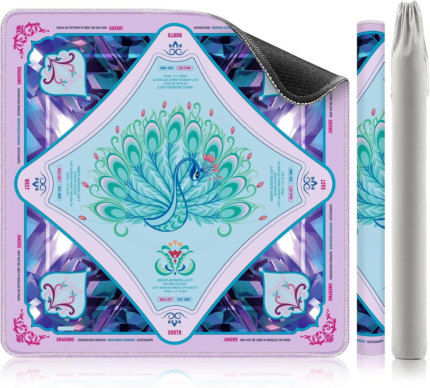 XINTONG — American Mahjong Mat with Rules, Crystal Peacock, 32 x 32 Inches