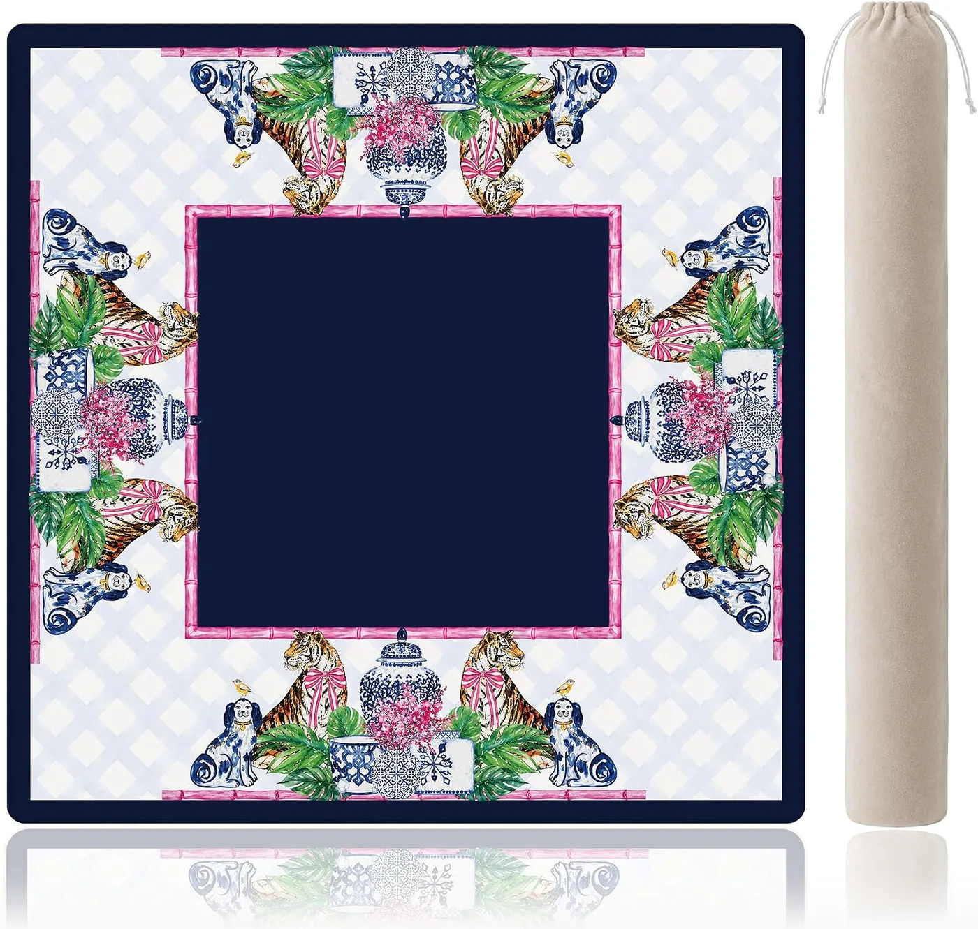 VTGSSZI — Navy Pink Chinoiserie Tiger Mahjong Mat 31.5 x 31.5 Inch
