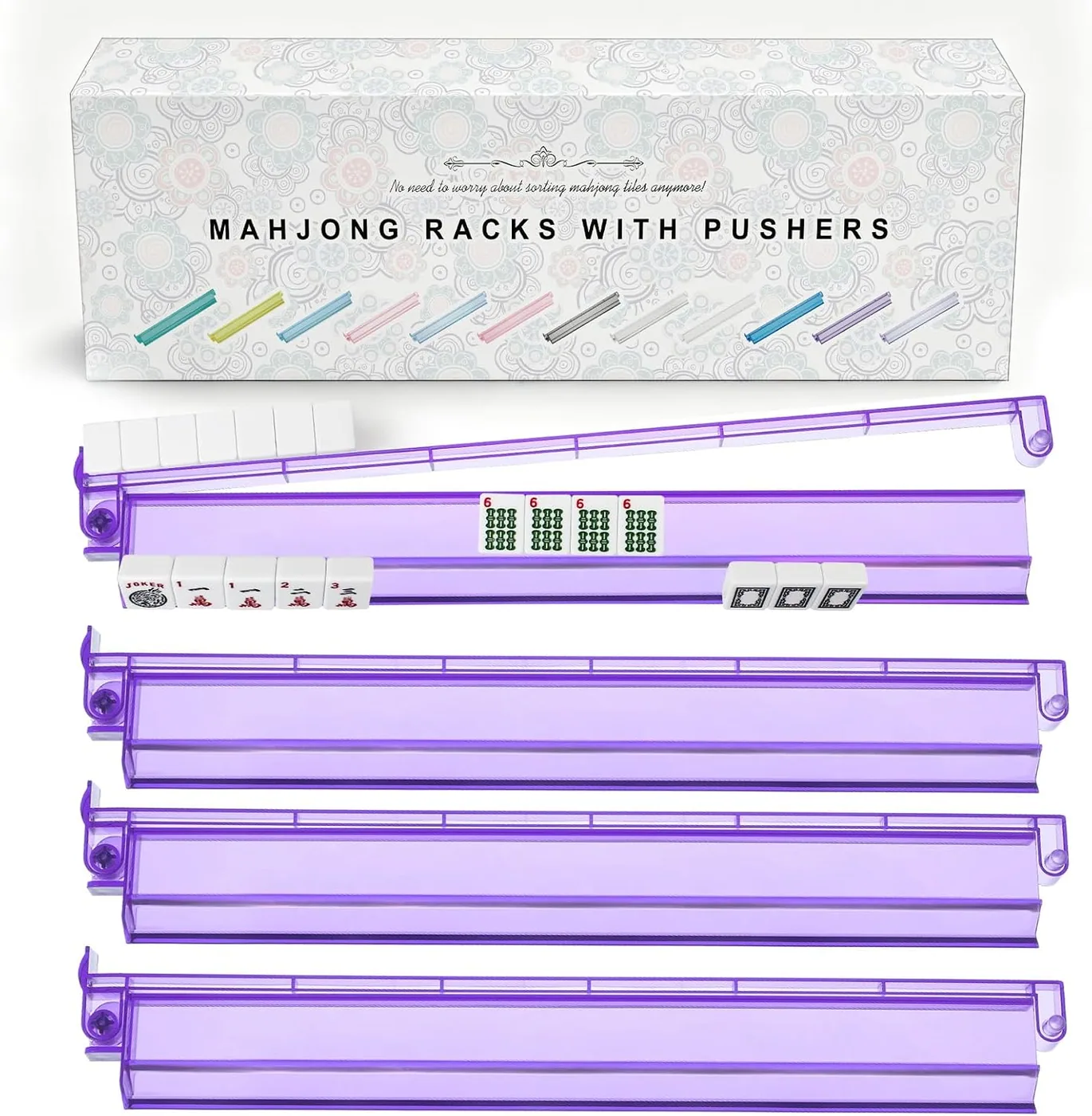 Niflirt — Premium Clear Mahjong Racks with Pushers, 4-Pack Non-Slip Acrylic Racks