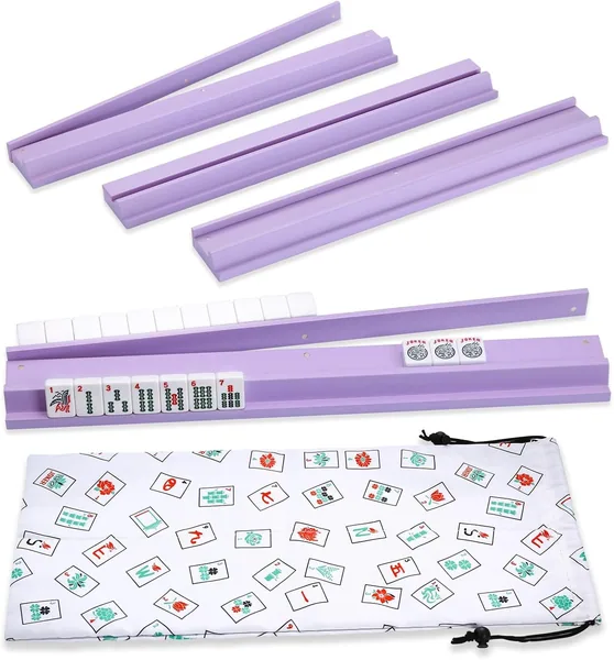 LUMIVIA — Mahjong Racks with Pushers, Purple Wooden American Mahjong Tile Pushers and Racks Set of 4 (19.68 Inches)