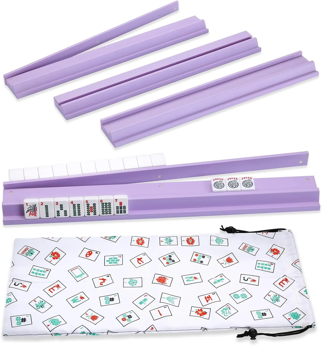 LUMIVIA — Mahjong Racks with Pushers, Purple Wooden American Mahjong Tile Pushers and Racks Set of 4 (19.68 Inches)