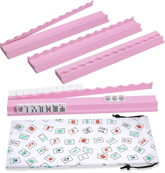 LUMIVIA — Mahjong Racks with Pushers, Pink Wooden American Mahjong Tile Pushers and Racks Set of 4 (19.68 Inches)
